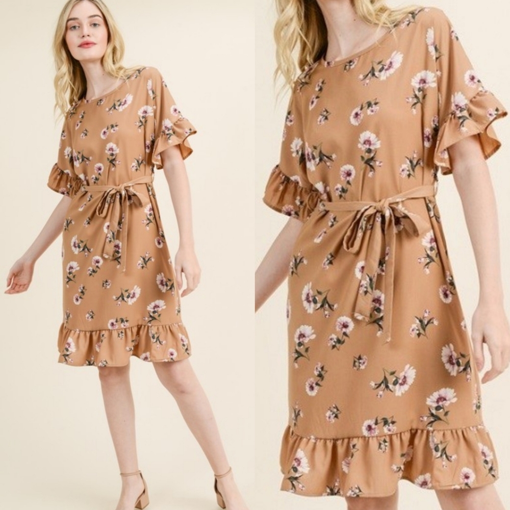 Daisy Flounce Hem & Sleeves Tie Waist Midi Dress - Picture 2 of 2